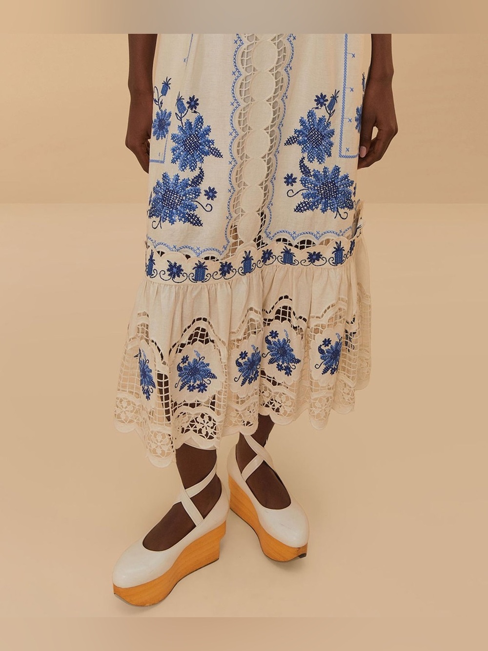 Farm Rio Cross Stitch Richelieu Sunflower Midi Dress white and blue sundress - Picture 3 of 10